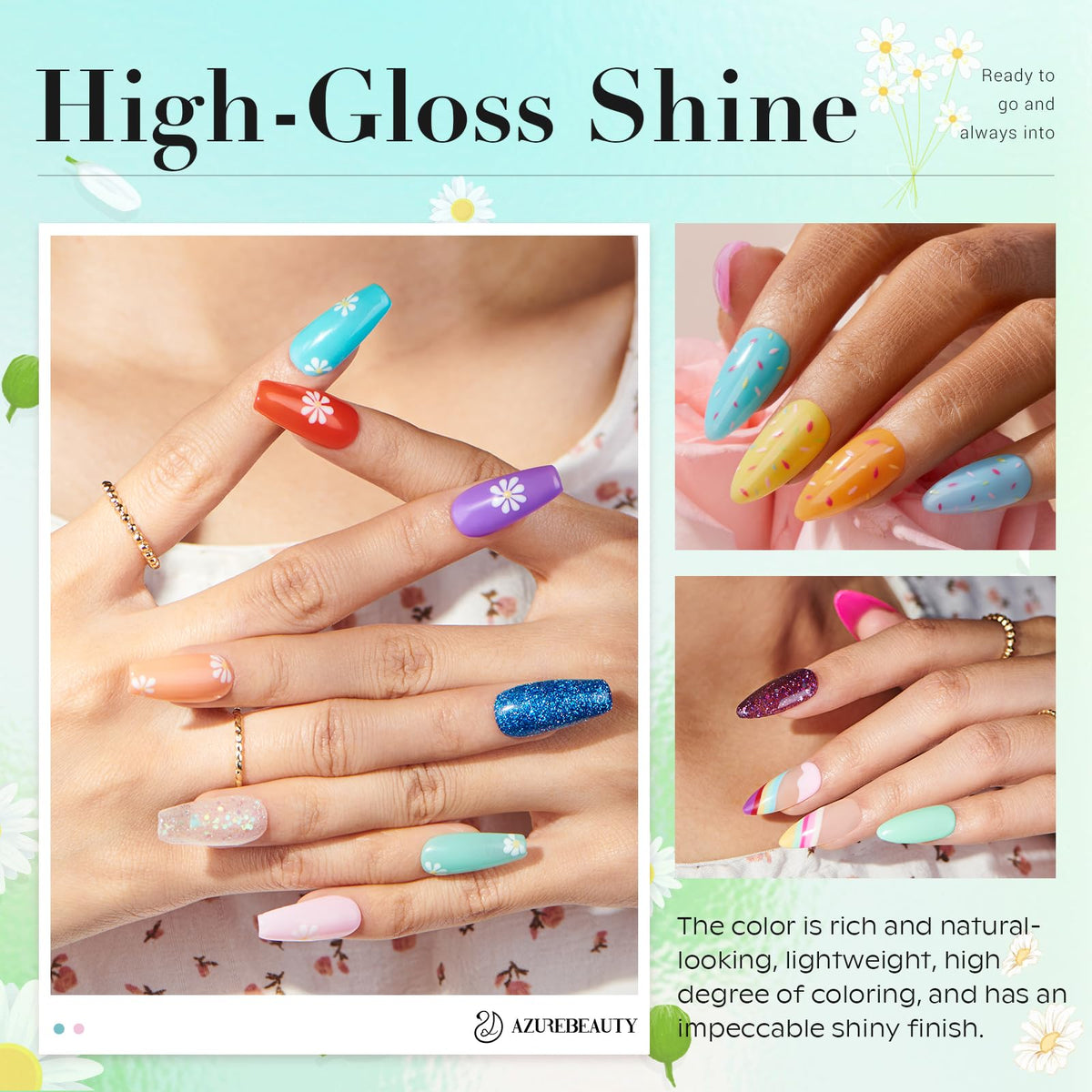 Close-up of AZUREBEAUTY dip powder nail liquids and tools