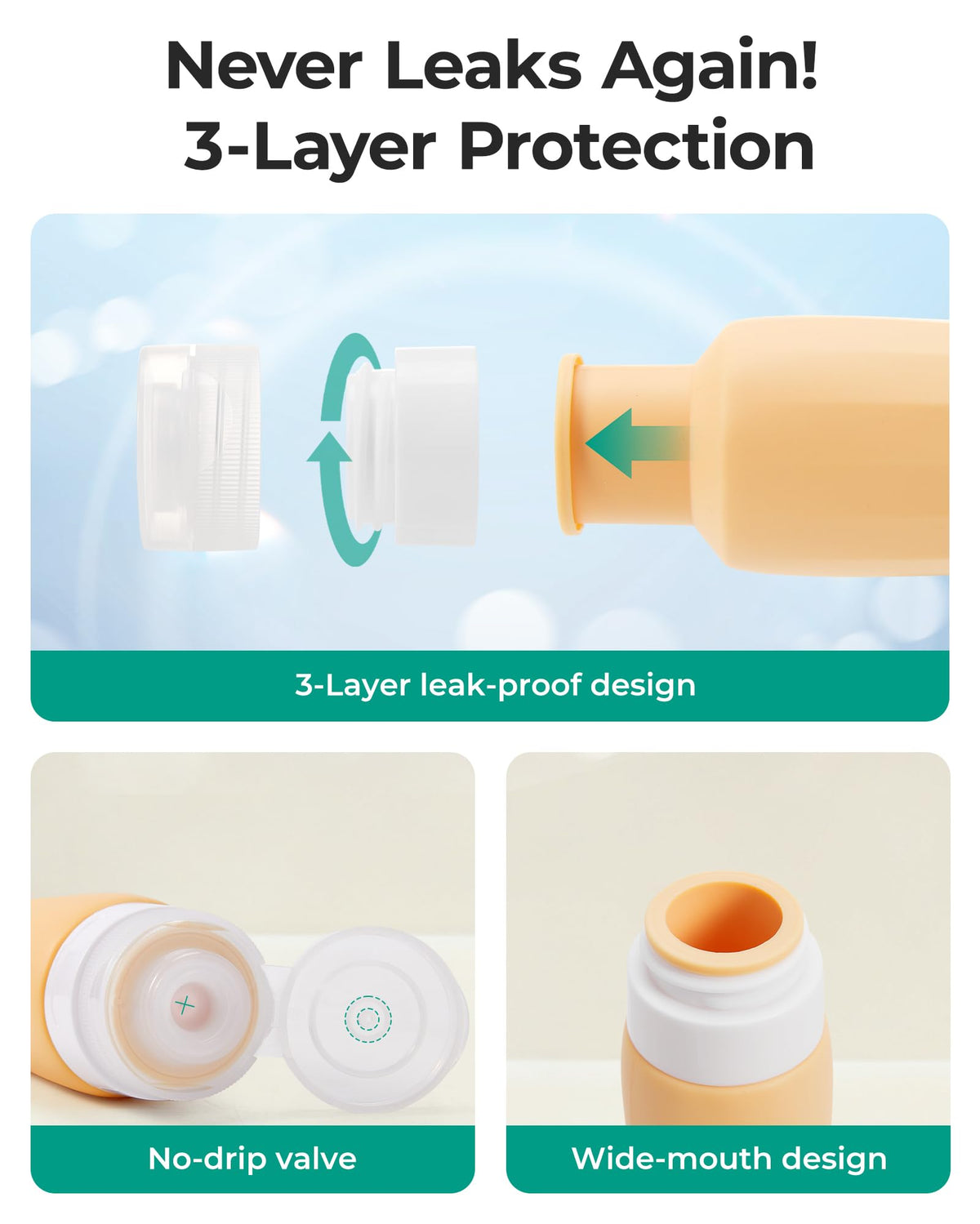 Close-up of BAGSMART travel bottle with no-drip valve