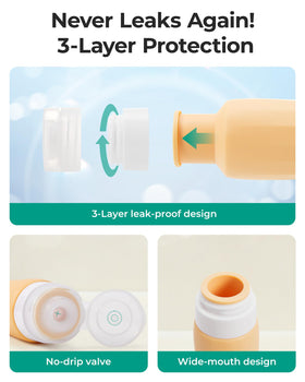 Close-up of BAGSMART travel bottle with no-drip valve