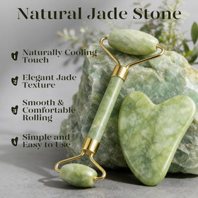 Close-up of BAIMEI jade roller with natural jade finish