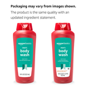 Close-up of Basics Men's Body Wash bottle with sport scent