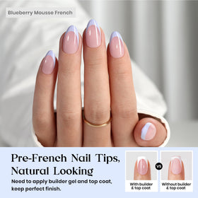 Close-up of Beetles Blue French Tips Press On Nails showing size labels