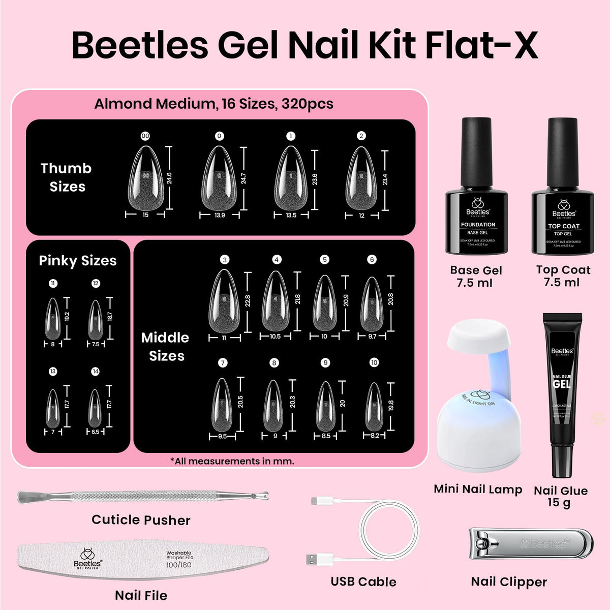 close-up of beetles Flat-X almond nail tips in various sizes