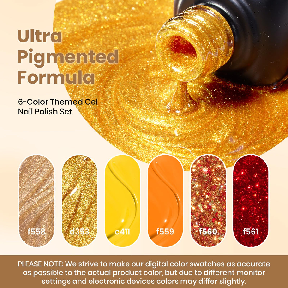 close-up of beetles Gel Polish bottles in red, orange, yellow, and gold