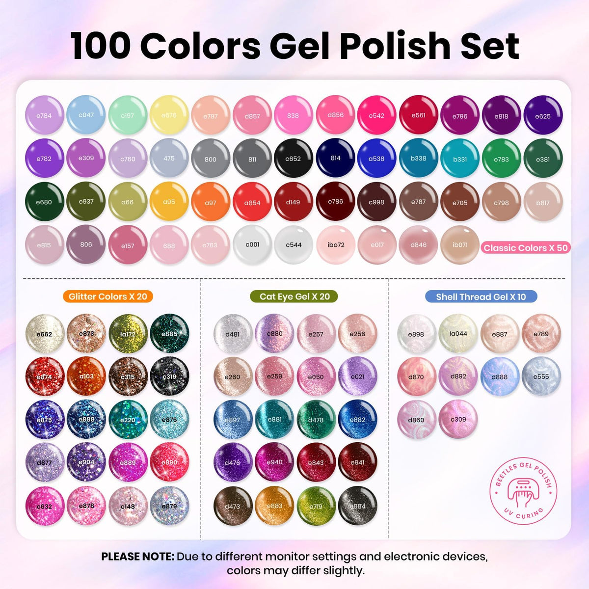 Close-up of beetles gel polish bottles in various colours