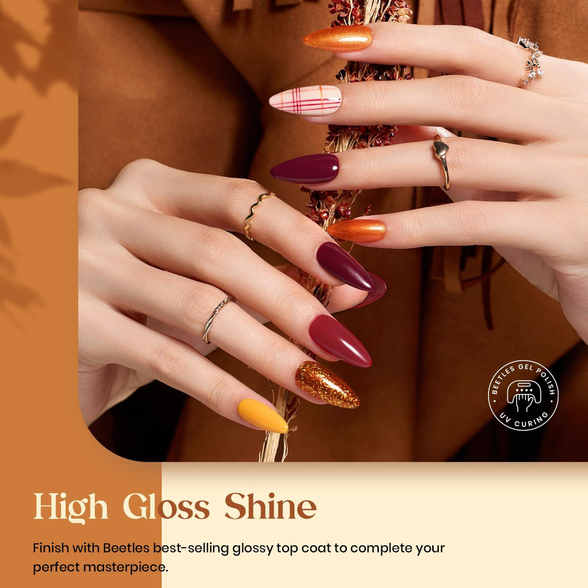 Close-up of Beetles gel polish shades including yellow and burgundy