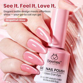 Close-up of Beetles Pink Cat Eye Gel Nail Polish with shimmer