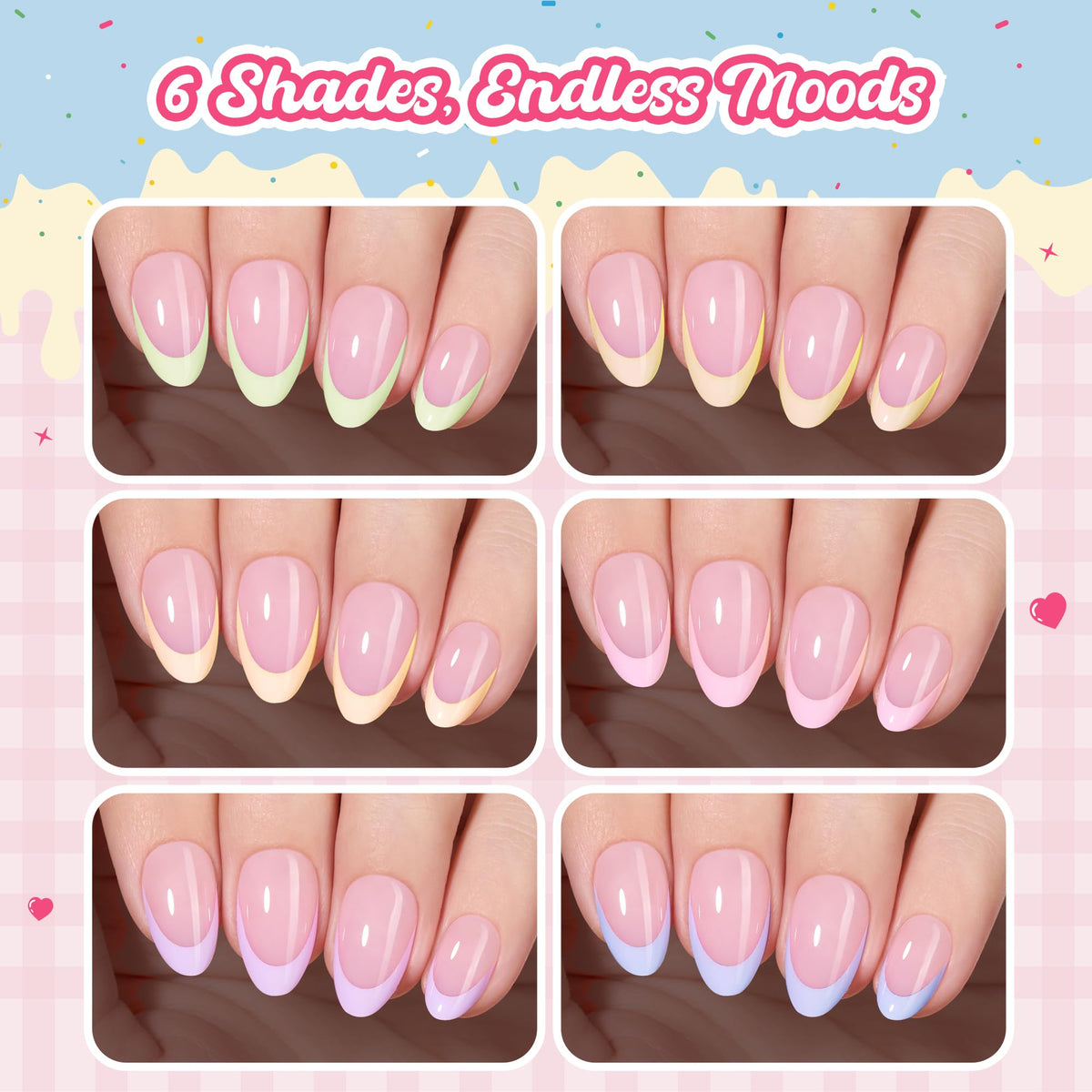 Close-up of beetles short almond press on nails with French tips