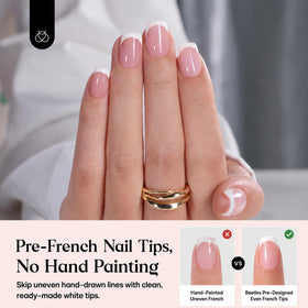 Close-up of Beetles short square press on nails with French tips