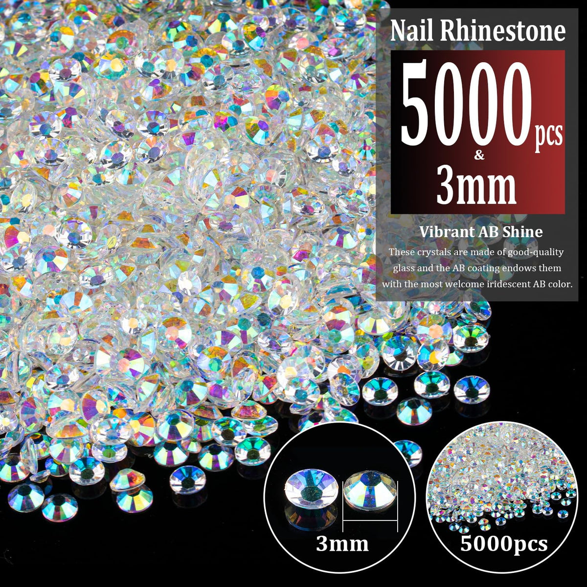 Close-up of BELLEBOOST 3mm AB rhinestones showing vibrant colours