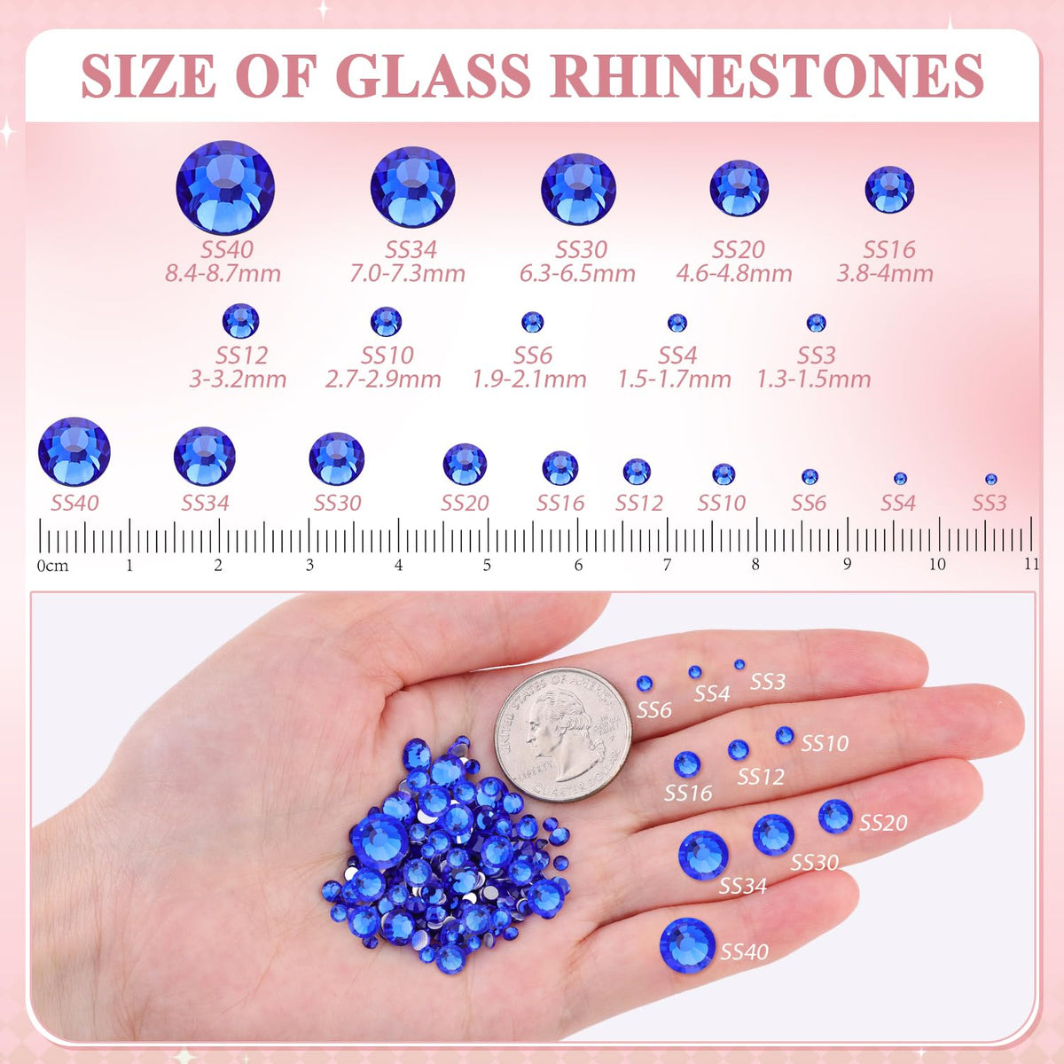 Close-up of BELLEBOOST blue glass rhinestones showing shine