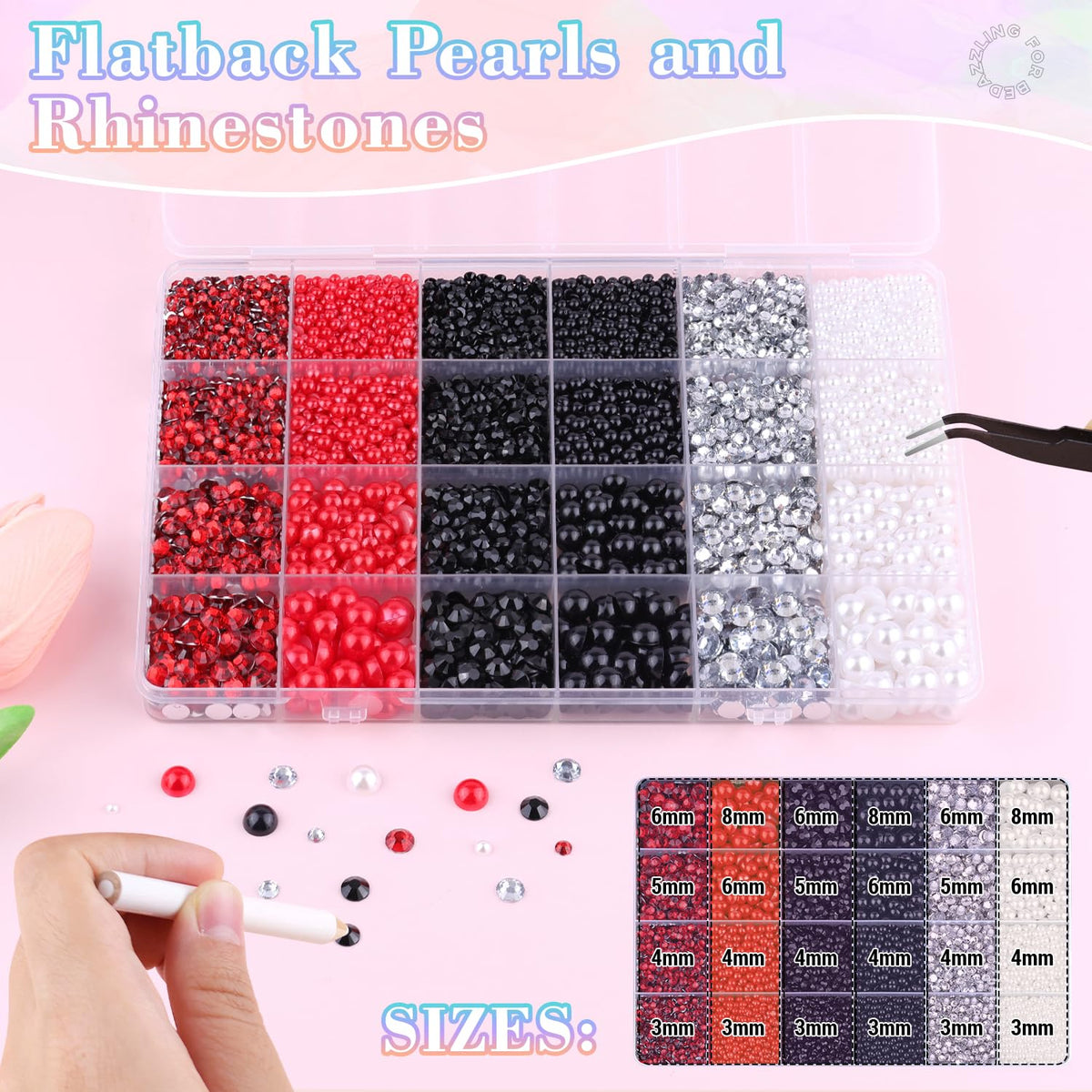 Close-up of BELLEBOOST flatback pearls in various sizes