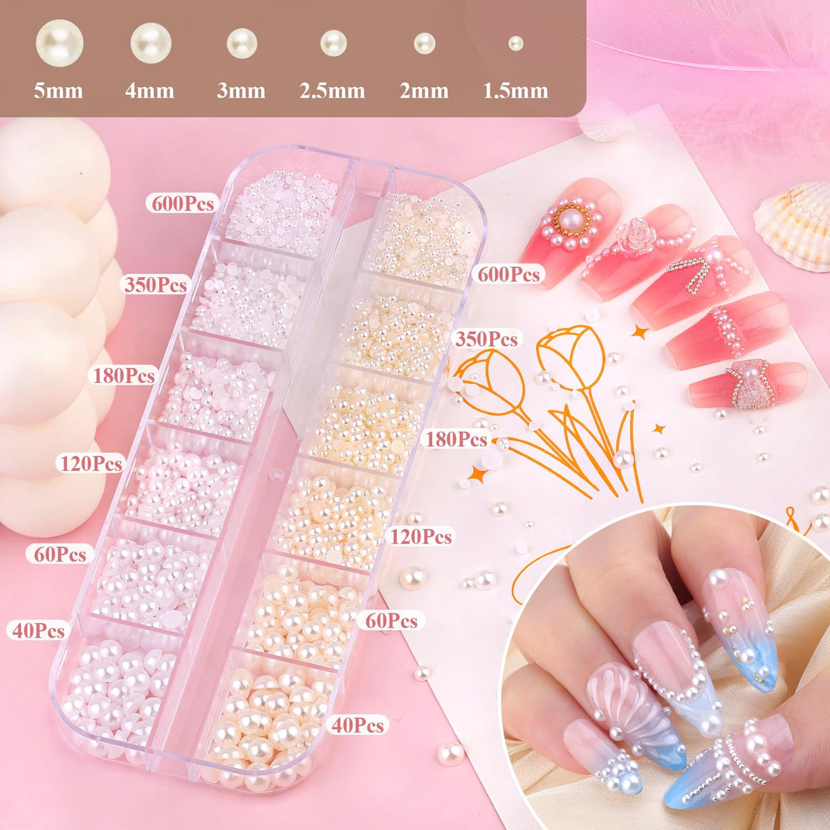 Close-up of BELLEBOOST nail charms showing various sizes
