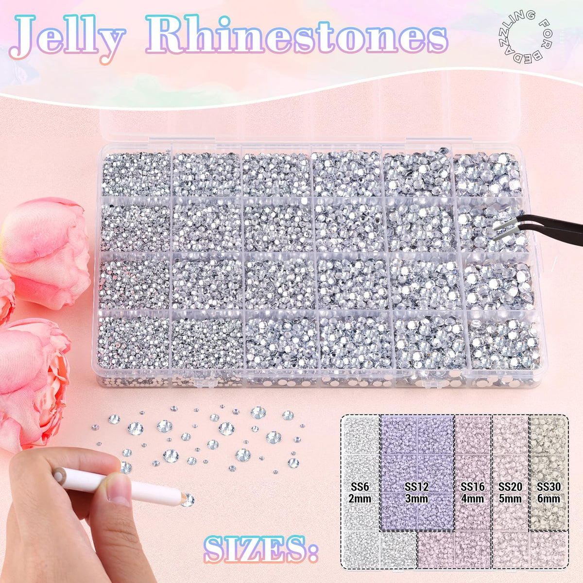 Close-up of BELLEBOOST rhinestones in box with tweezers