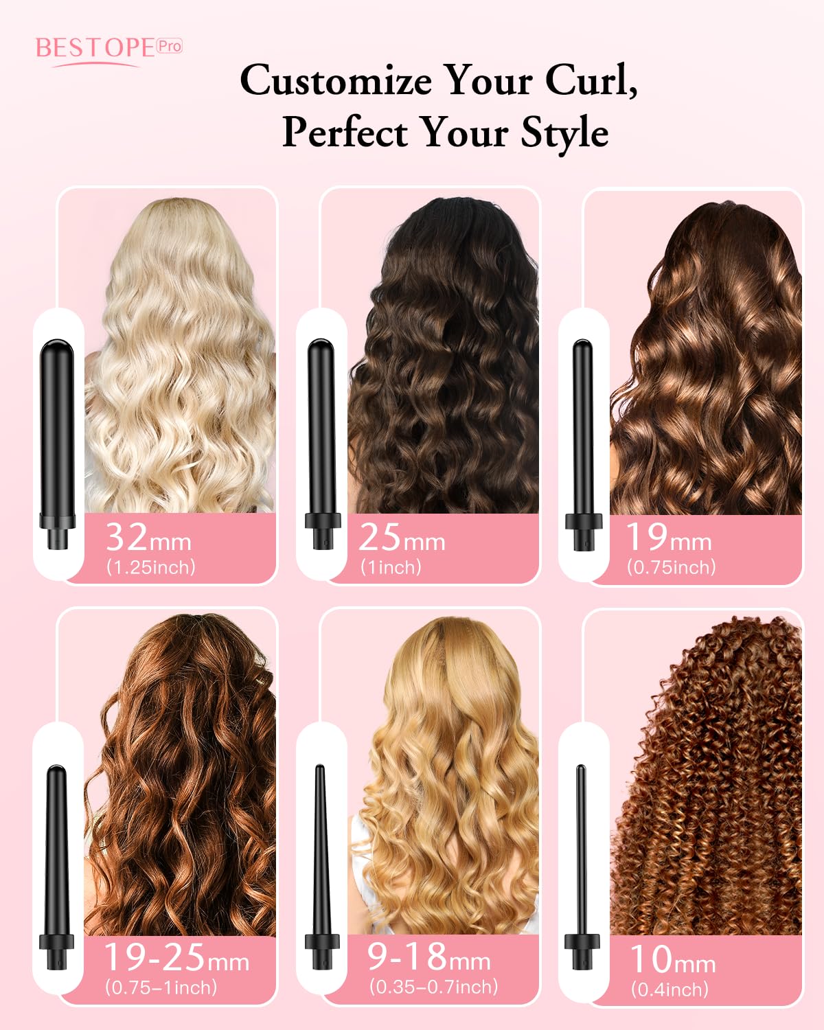 Close-up of BESTOPE PRO curling wand with 1.25-inch barrel