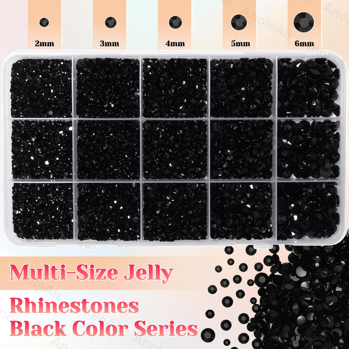 Close-up of black rhinestones in various sizes 2-6mm