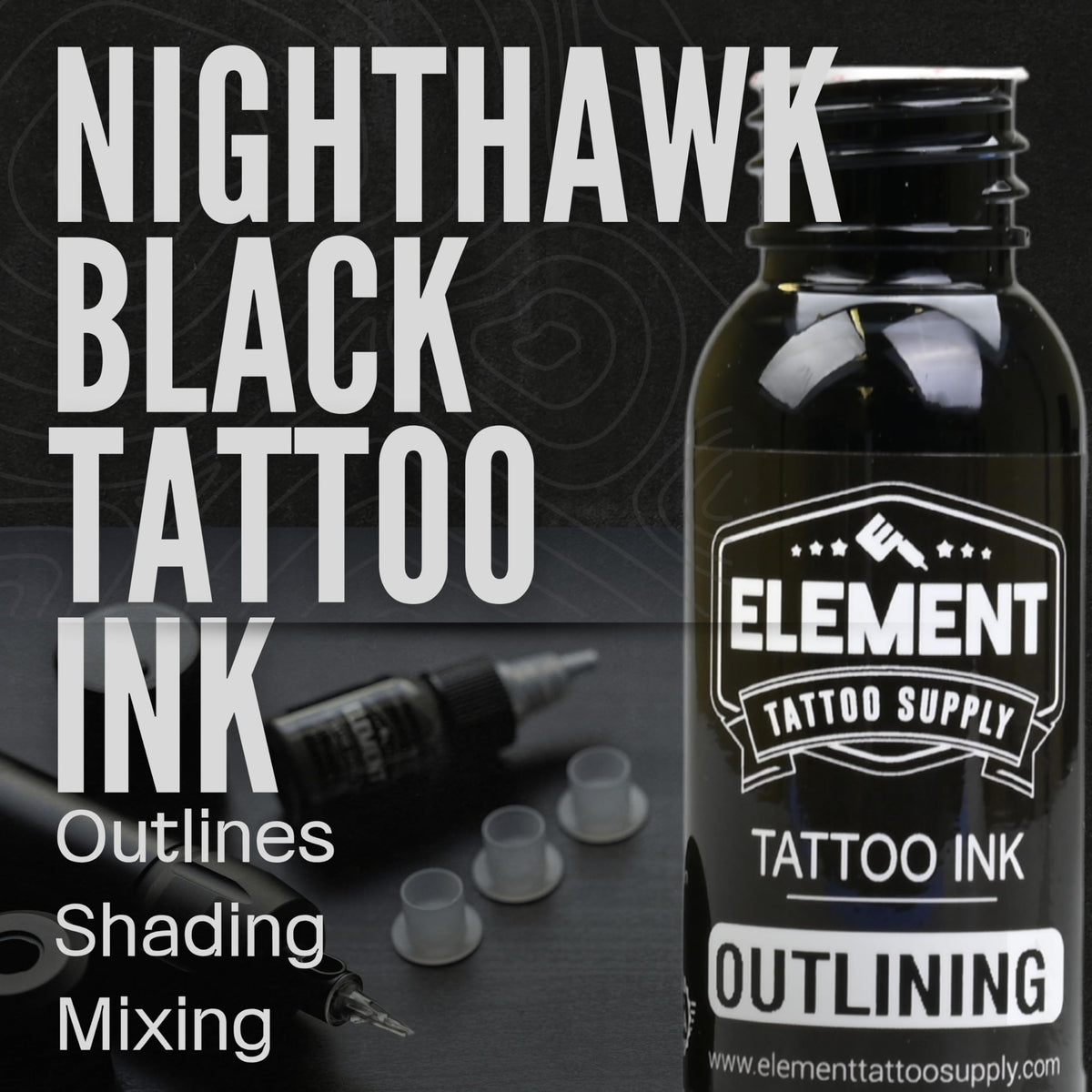 Close-up of black tattoo ink bottle from Element Tattoo Supply