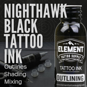 Close-up of black tattoo ink bottle from Element Tattoo Supply
