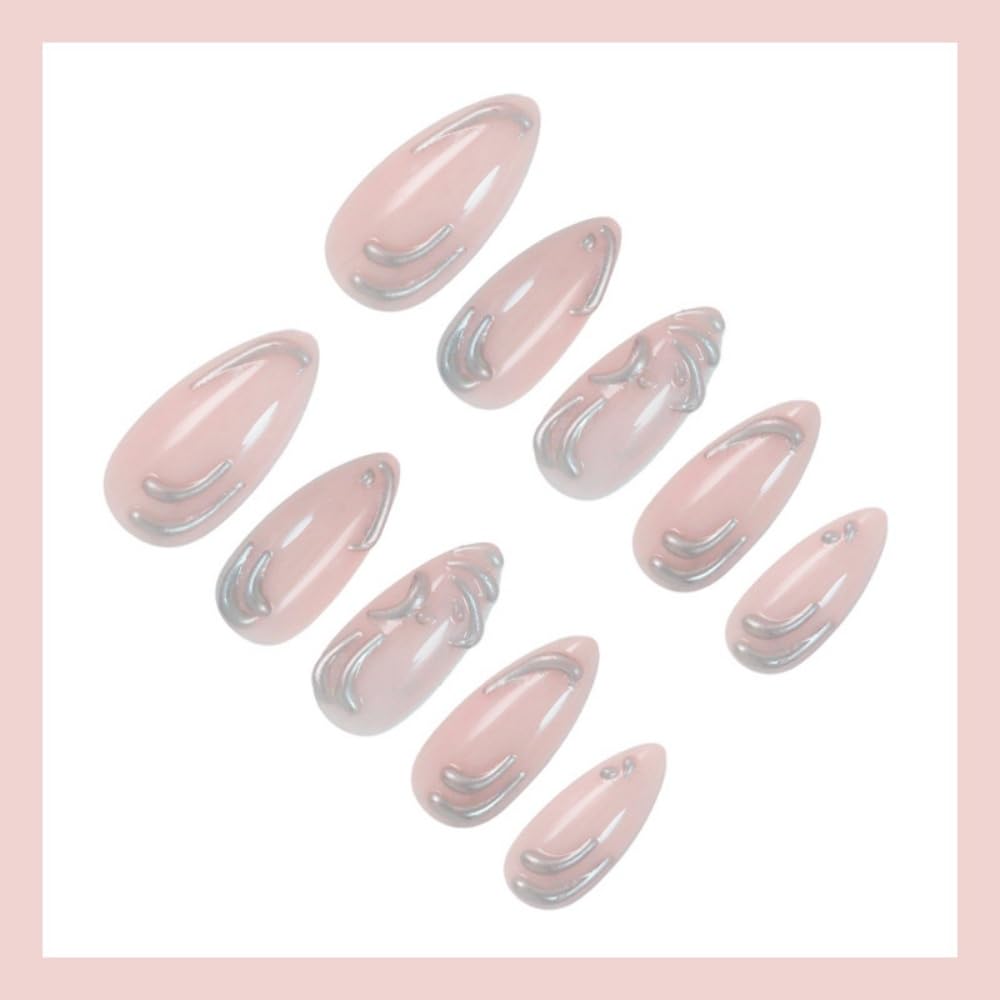 Close-up of BLGTGH Almond Press on Nails showing design details
