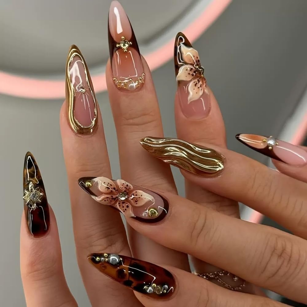 Close-up of BLGTGH Almond Press on Nails with 5D rhinestones