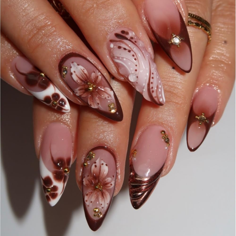 Close-up of BLGTGH press on nails with 5D flower charm