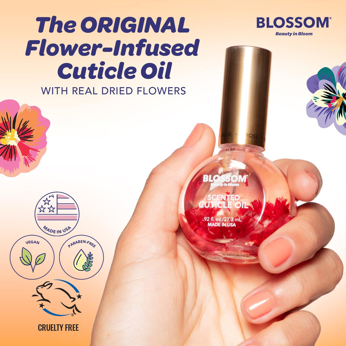 Close-up of Blossom Cuticle Oil showing natural flower infusion