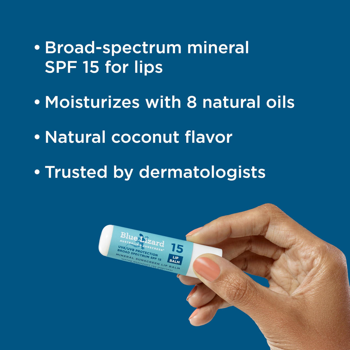 Close-up of BLUE LIZARD Mineral SPF 15 Lip Balm tube showing natural ingredients
