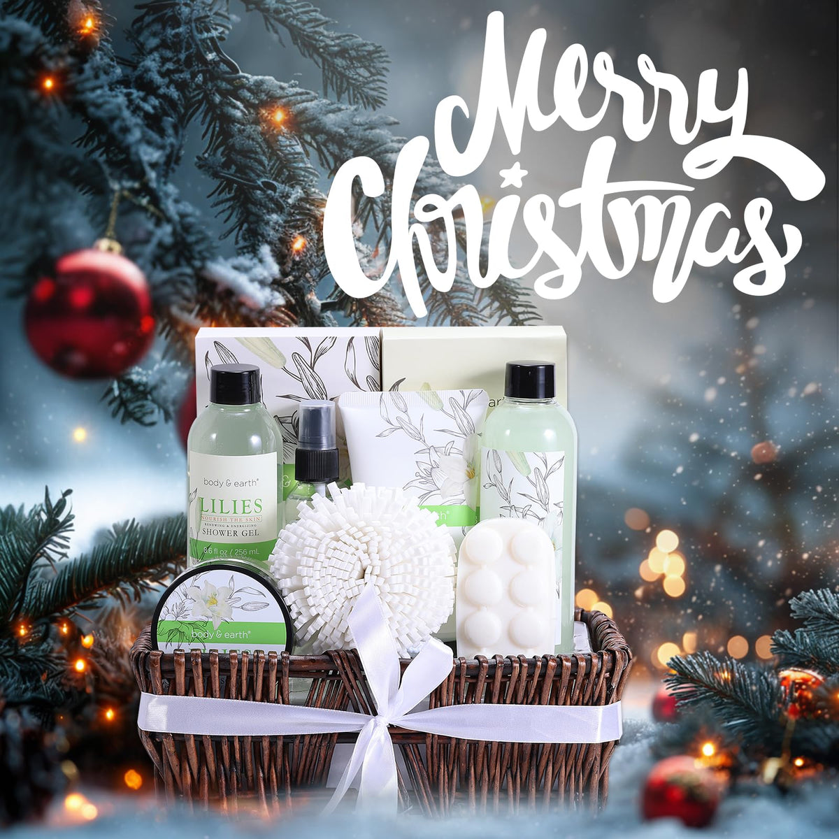 Close-up of BODY & EARTH shower gel from spa gift basket