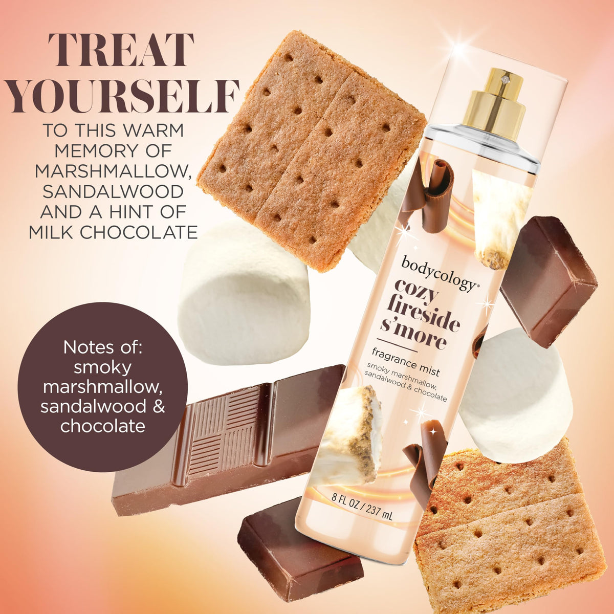Close-up of Bodycology Fireside S'more Body Mist bottle
