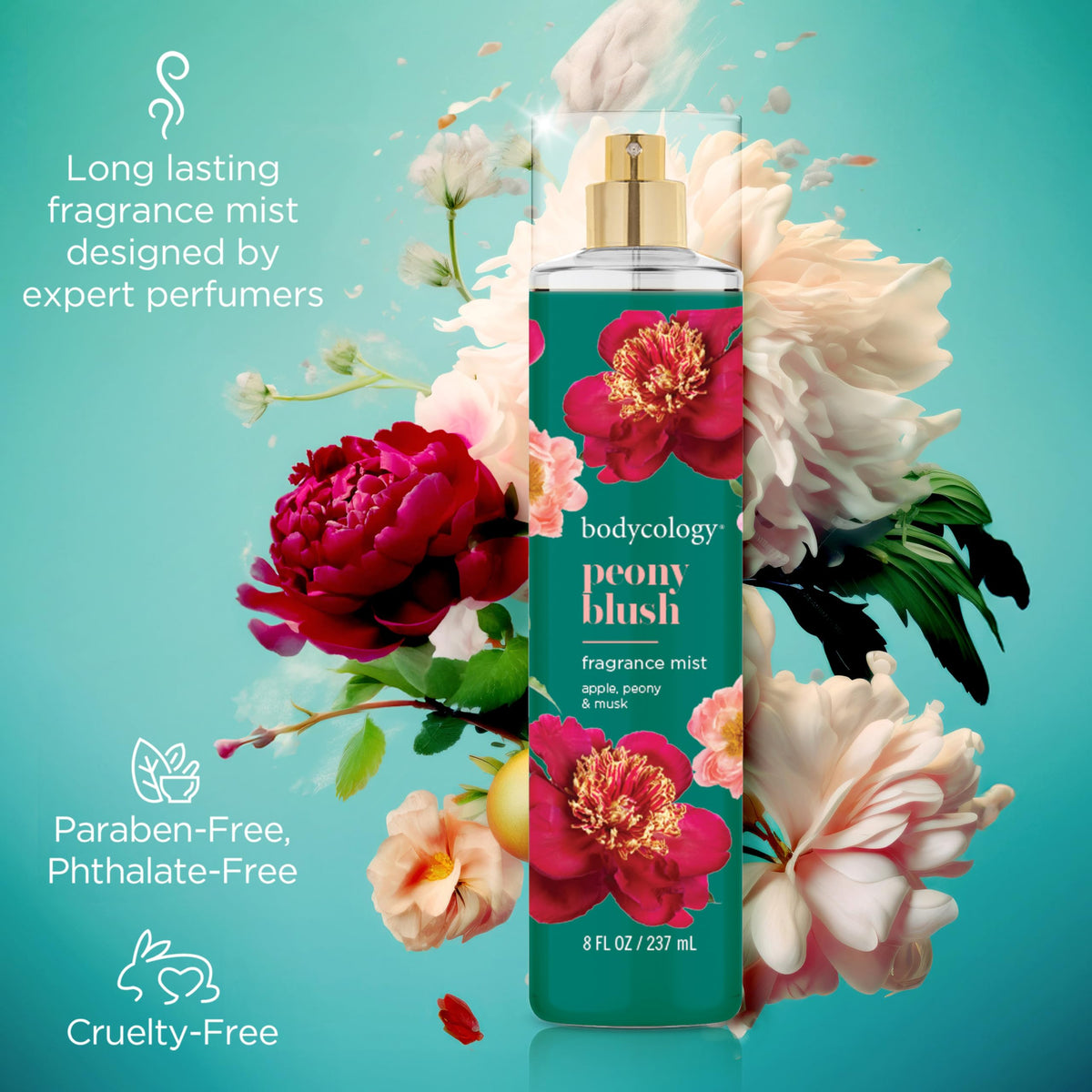 Close-up of Bodycology Peony Blush Fragrance Mist spritzing