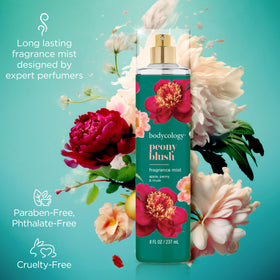 Close-up of Bodycology Peony Blush Fragrance Mist spritzing