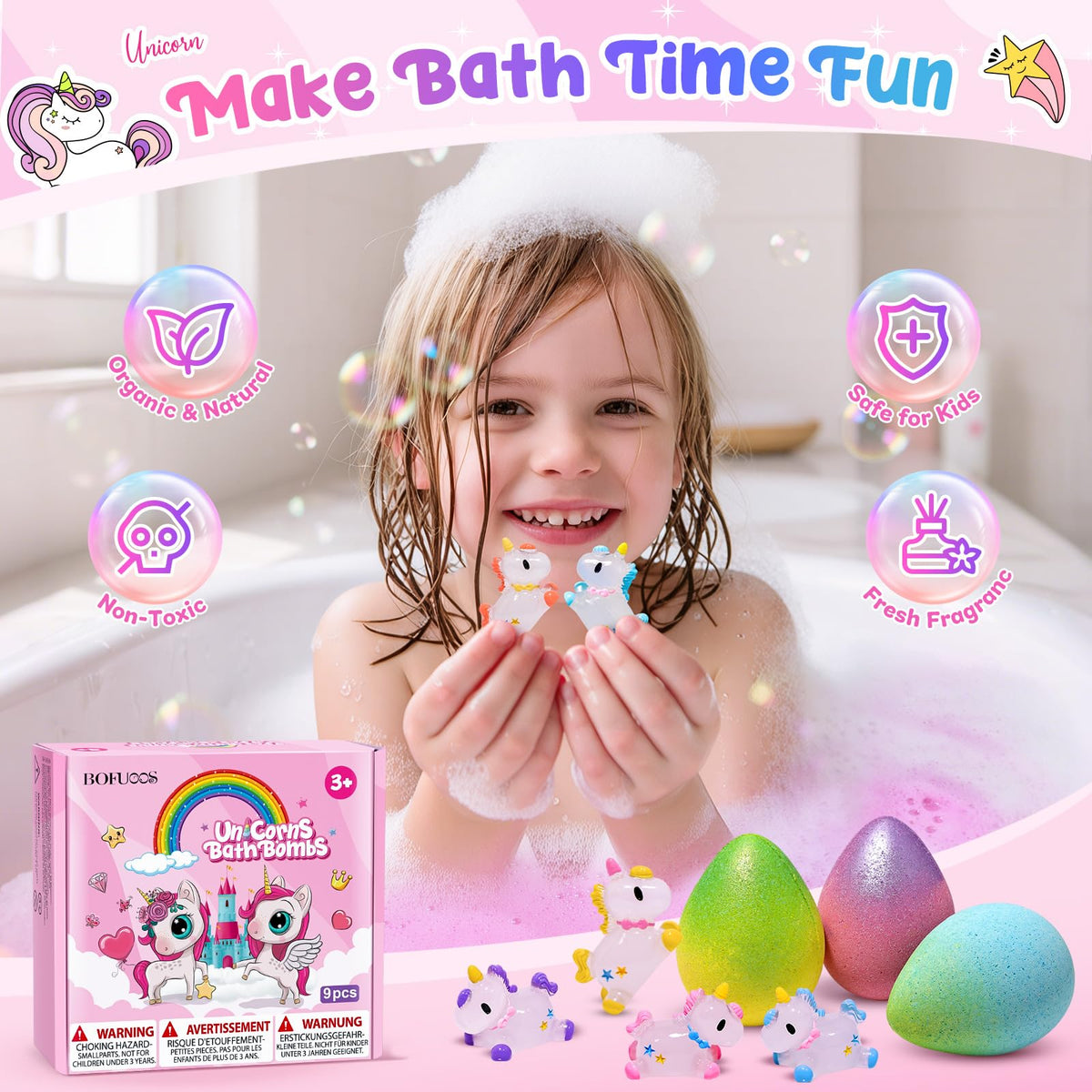 Close-up of Bofuoos Unicorn Bath Bombs showing vibrant colours