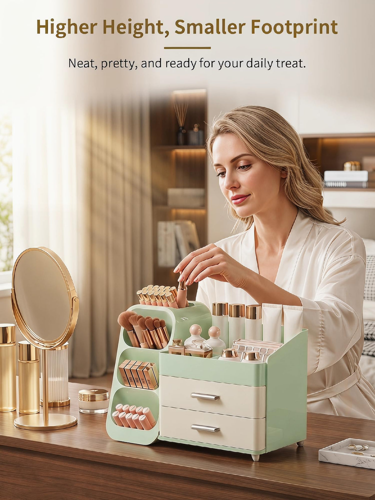 Close-up of Booklov Large Makeup Organizer compartments