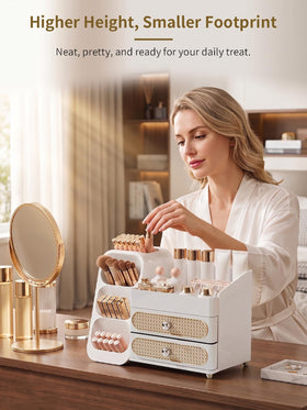 Close-up of Booklov Large Makeup Organizer showing storage capacity