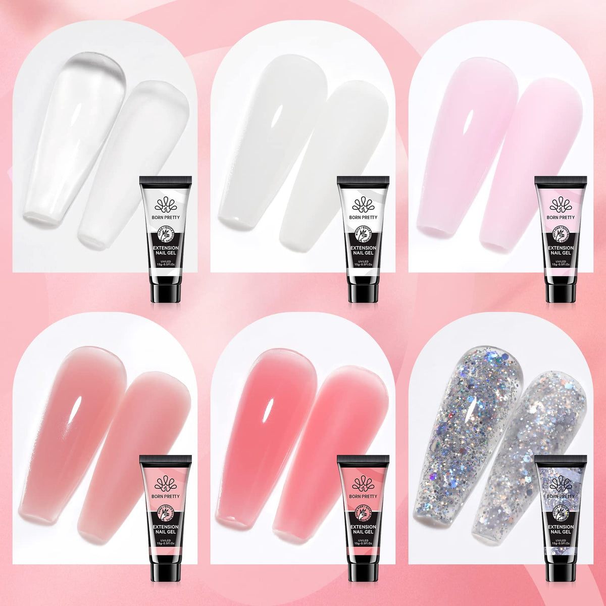 Close-up of Born Pretty nail gels in various colours