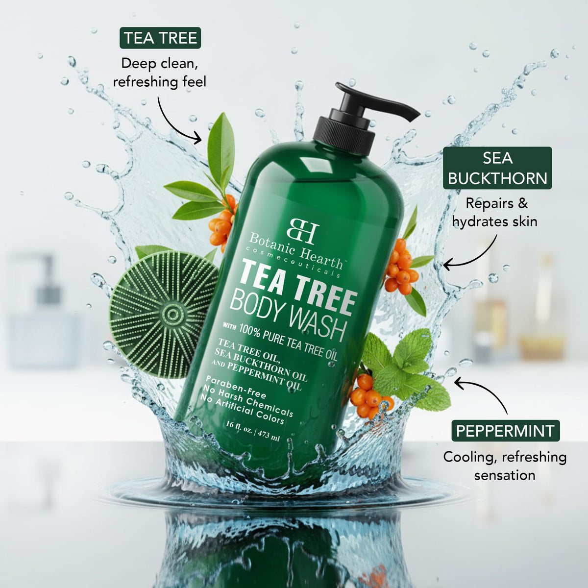 Close-up of Botanic Hearth Tea Tree Body Wash bottle