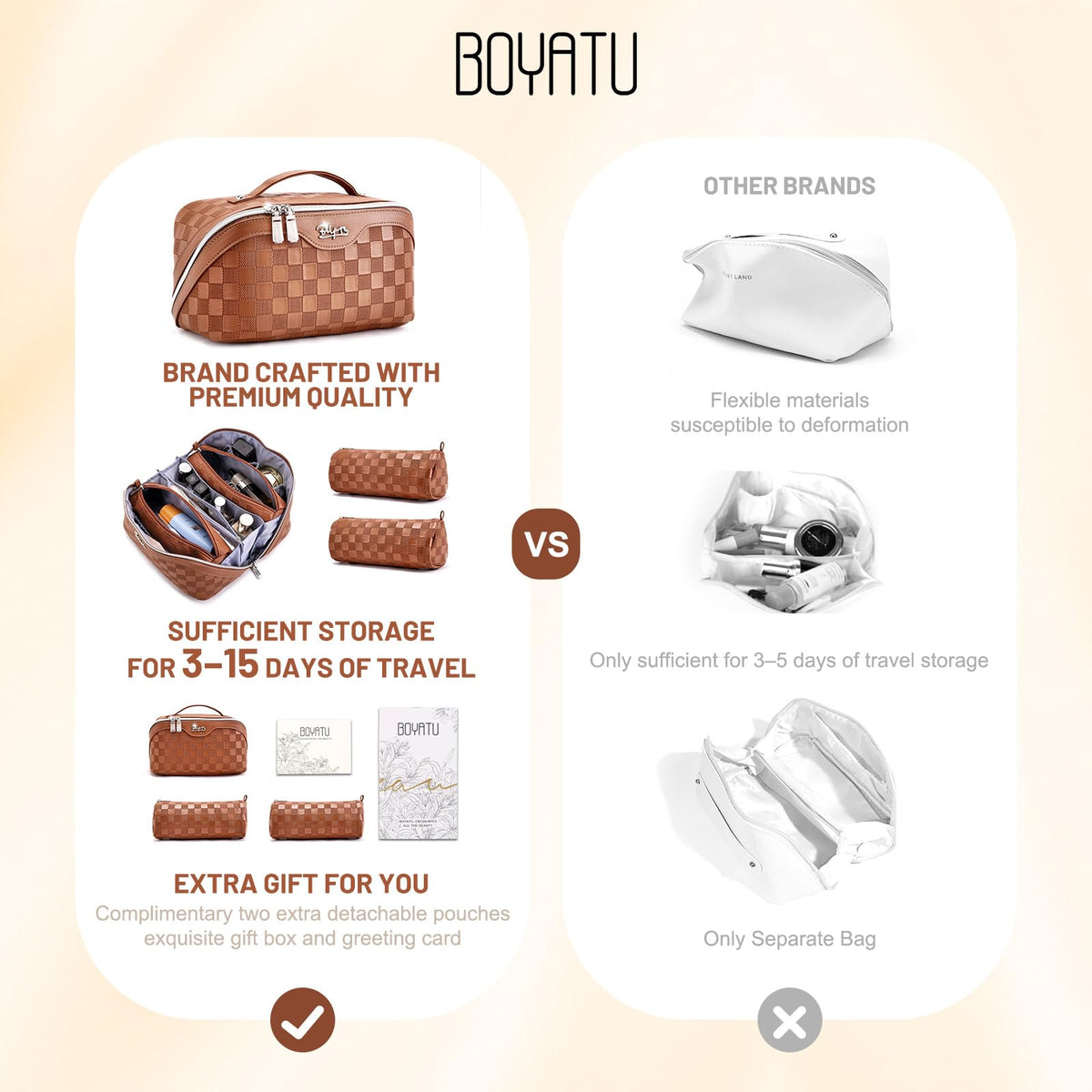 Close-up of BOYATU makeup bag showing 180° lay-flat design
