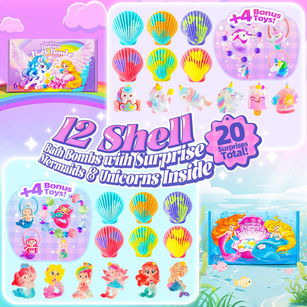 Close-up of BreezeDream Shell Bath Bombs showing vibrant colours