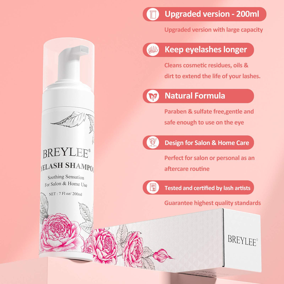 Close-up of BREYLEE Eyelash Extension Cleanser Foam pump