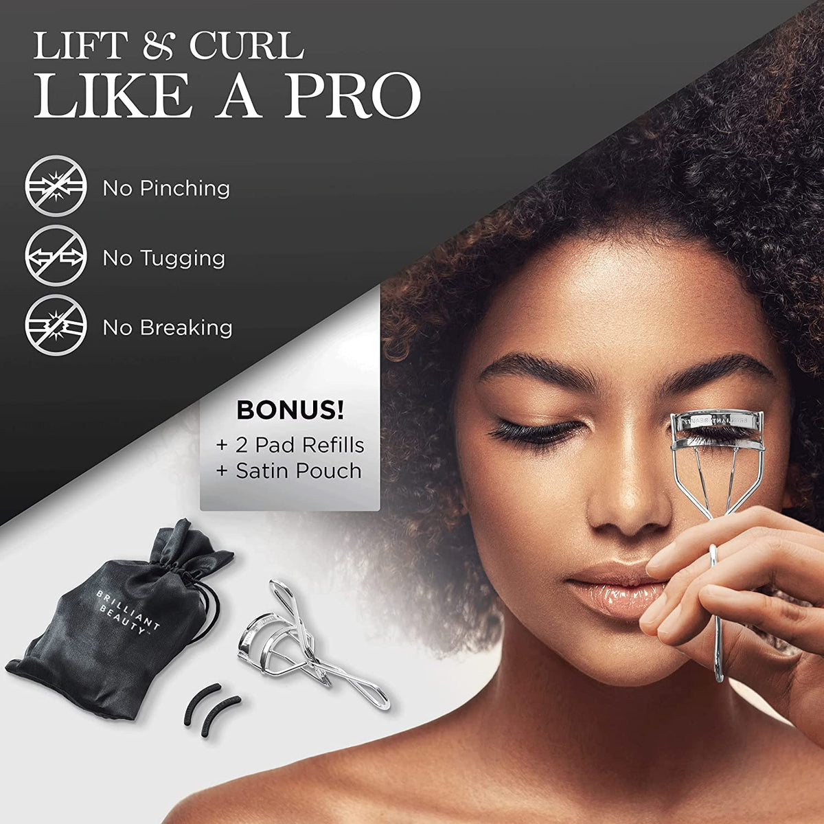 Close-up of Brilliant Beauty Eyelash Curler showing precision-engineered hinges