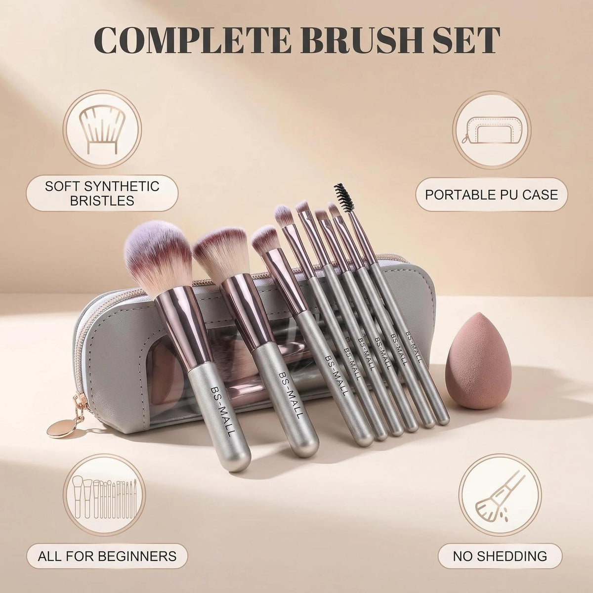 Close-up of BS-MALL makeup brushes with synthetic bristles