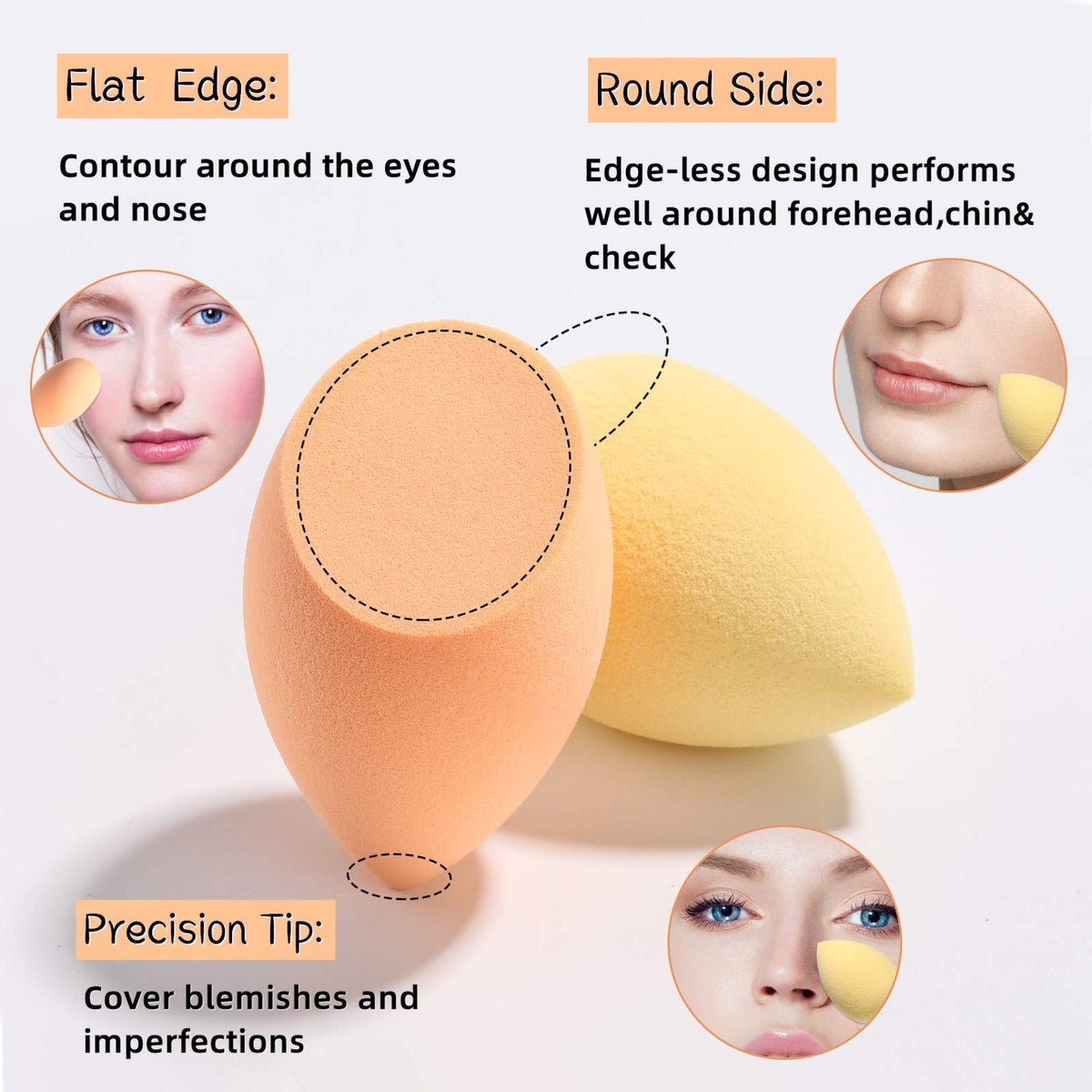Close-up of BS-MALL makeup sponges showing different shapes