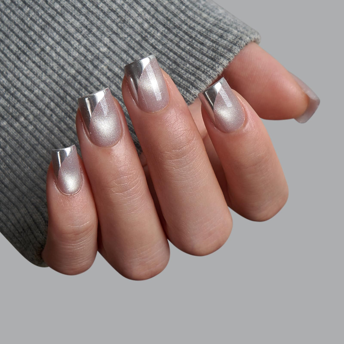 Close-up of BTArtbox Press On Nails showing metallic cat eye finish