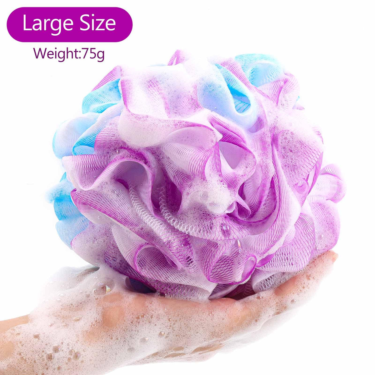 Close-up of BTYMS loofah sponge showing soft mesh texture