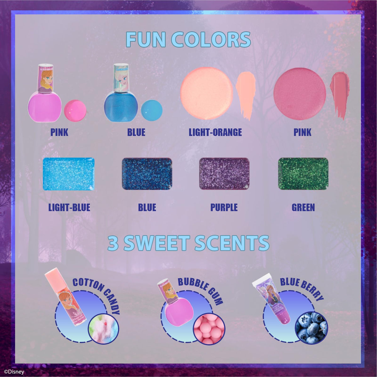 Close-up of bubble gum scented nail polishes in purple, pink, and blue