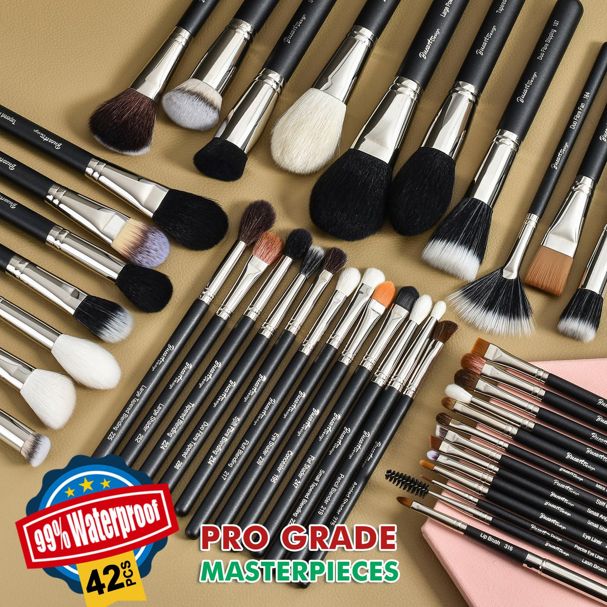Close-up of Bueart Design makeup brushes showcasing their soft bristles