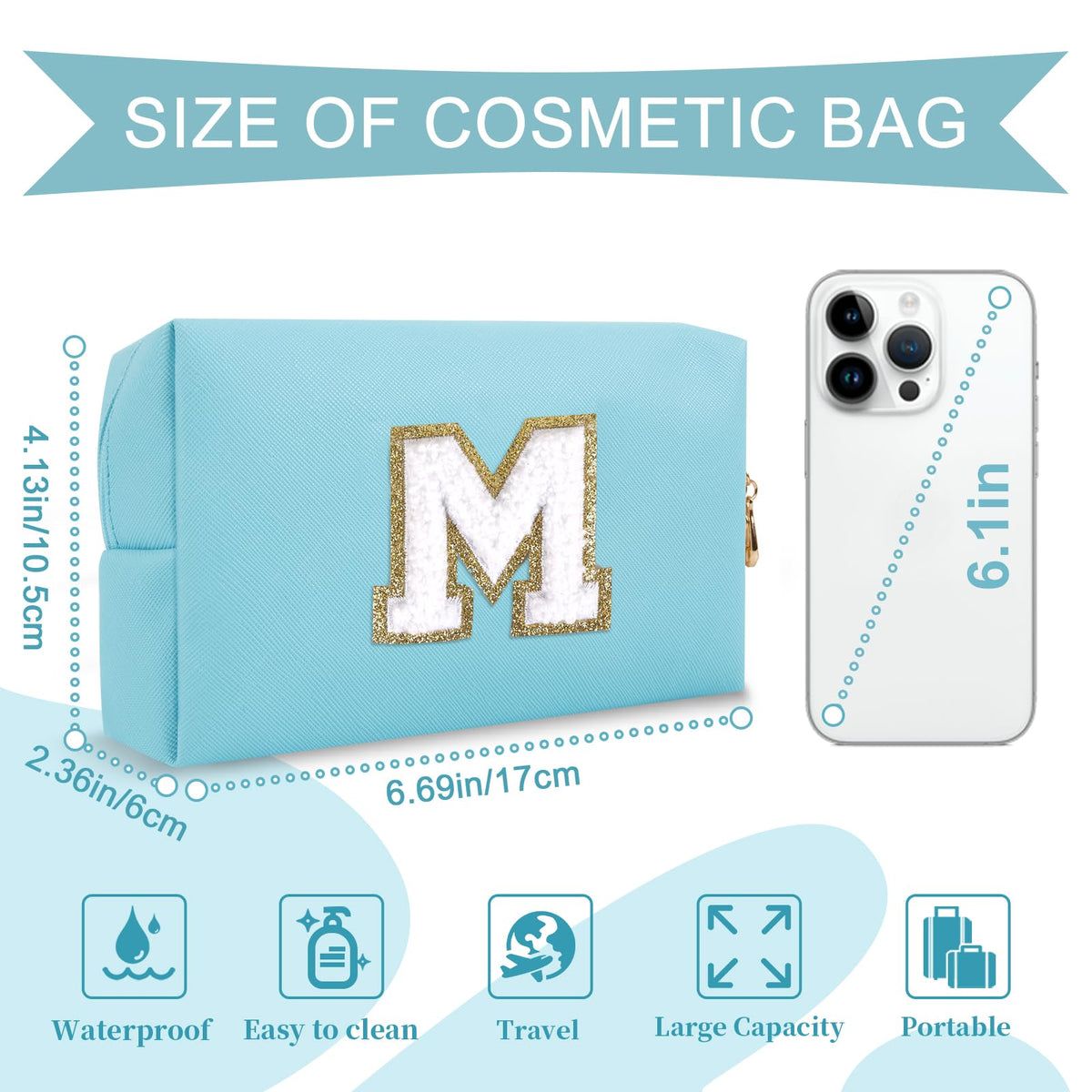 Close-up of ChaoGreat makeup bag showing personalised letter detail