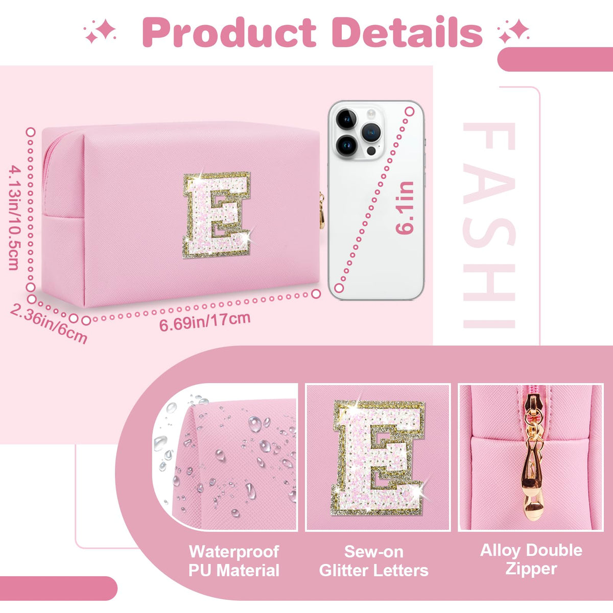Close-up of ChaoGreat makeup bag showing the glitter A-Z letter patch