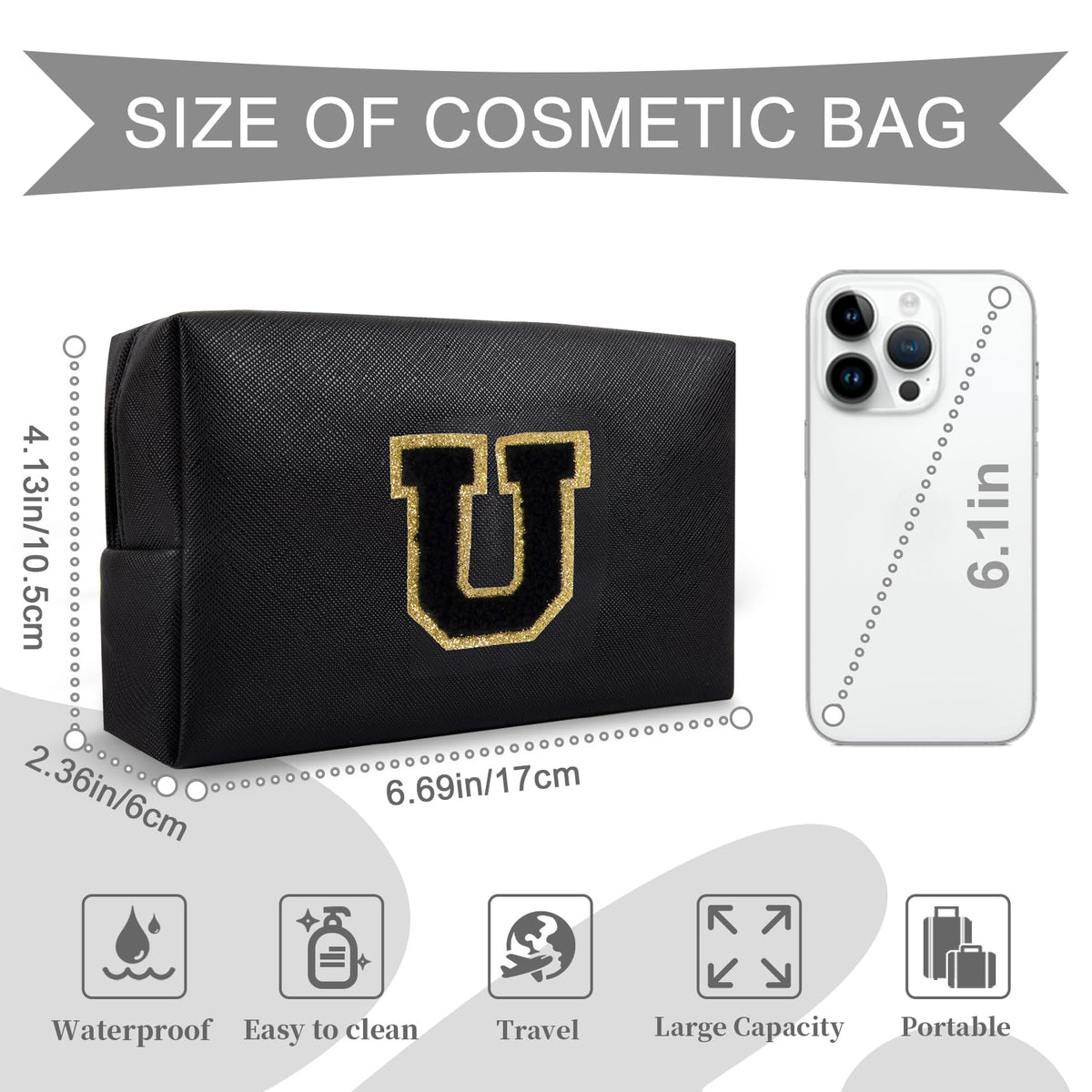 Close-up of ChaoGreat Personalised Initial Makeup Bag U showing initials