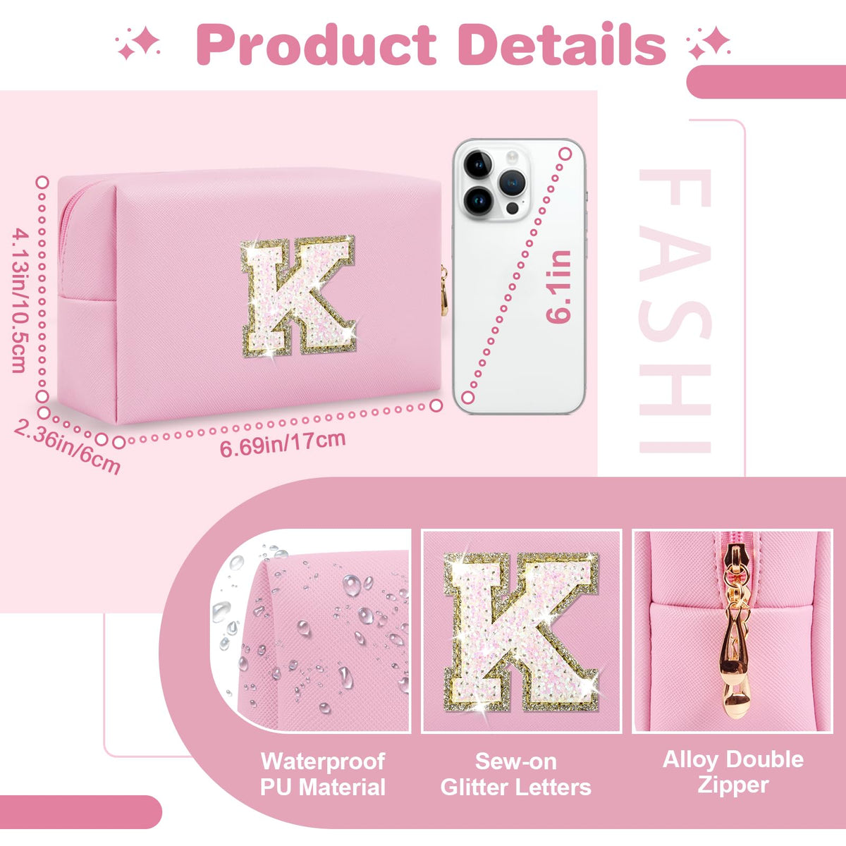 Close-up of ChaoGreat Pink Glitter Initial A-Z Makeup Bag zipper